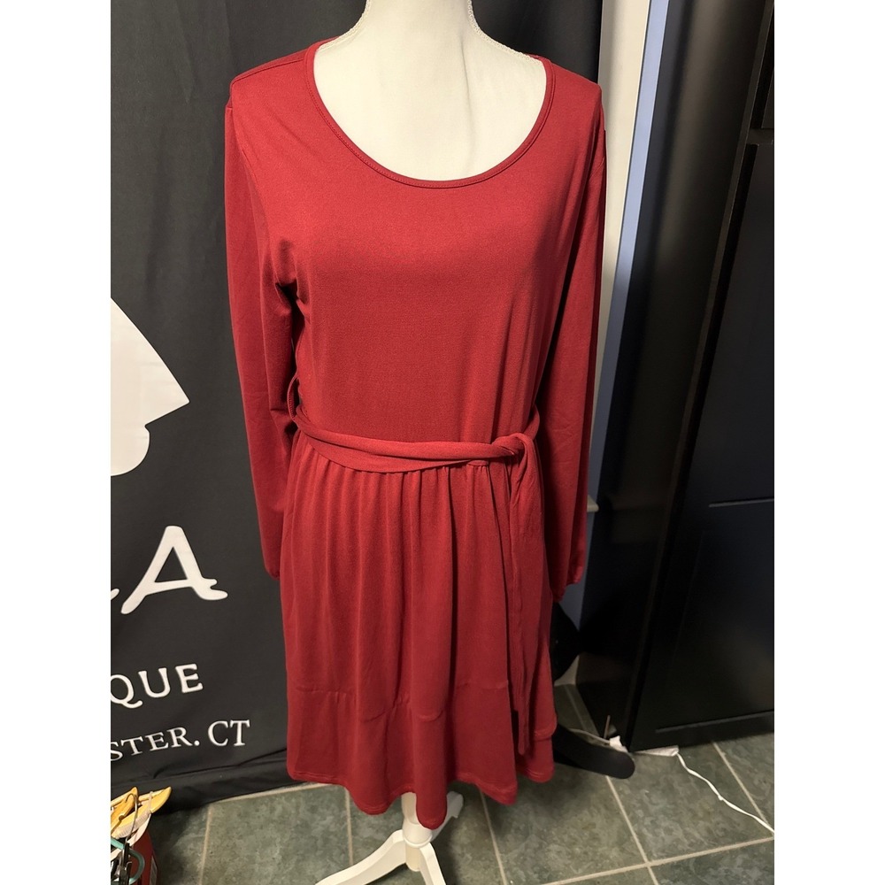 Aokosor Womens Long Sleeve Tiered Tie Waist Knit Dress Wine Red Large NWT